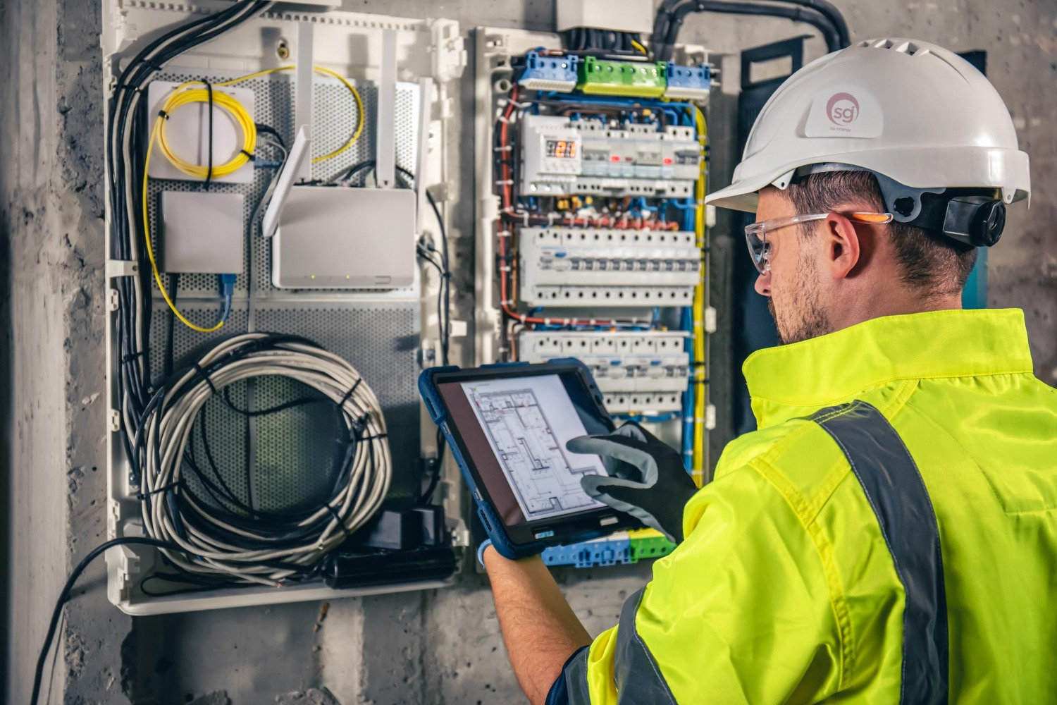 Electrician in hard hat and high-visibility jacket inspecting electrical control panel with tablet and wiring