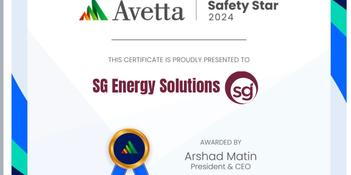 Avetta Safety Star 2024 certificate awarded to SG Energy Solutions featuring gold ribbon seal