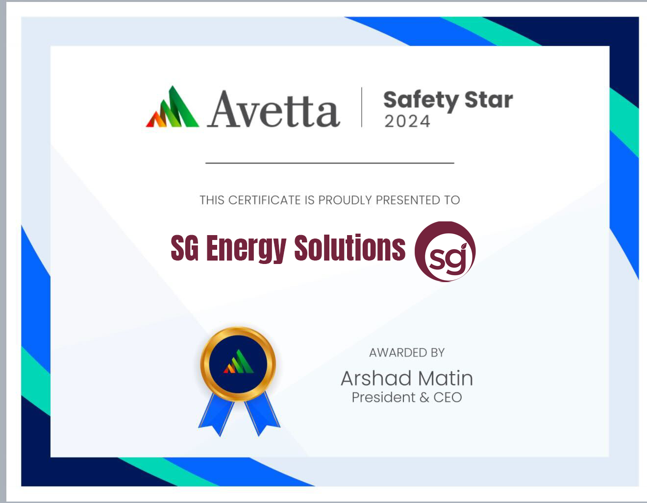 Avetta Safety Star 2024 certificate awarded to SG Energy Solutions featuring gold ribbon seal