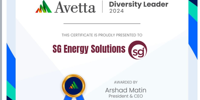 Avetta Diversity Leader 2024 award certificate for SG Energy Solutions, company logo and blue ribbon seal