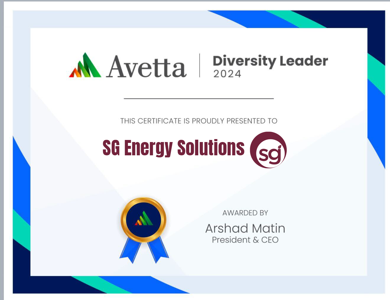 Avetta Diversity Leader 2024 award certificate for SG Energy Solutions, company logo and blue ribbon seal