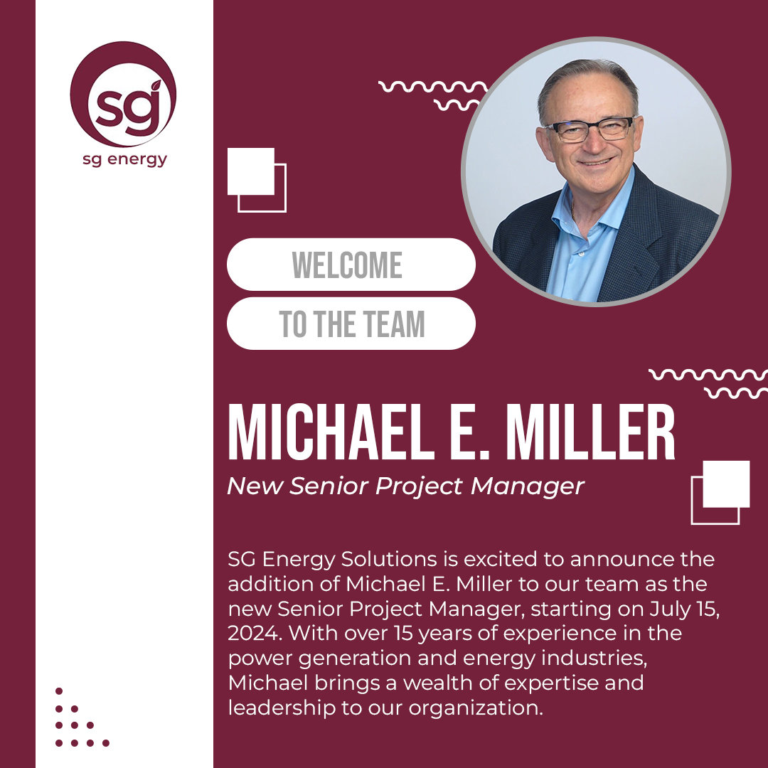SG Energy welcome graphic with headshot of a man announcing new Senior Project Manager role