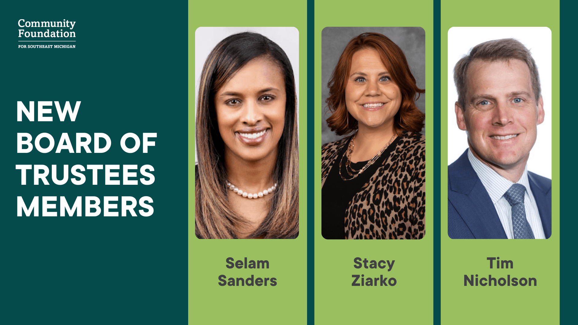 Three professional headshots of new board of trustees members with Community Foundation logo and announcement text