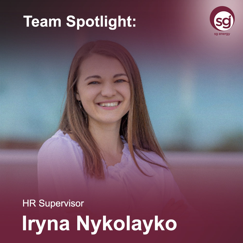 HR supervisor headshot, smiling woman in Team Spotlight graphic with SG Energy maroon overlay
