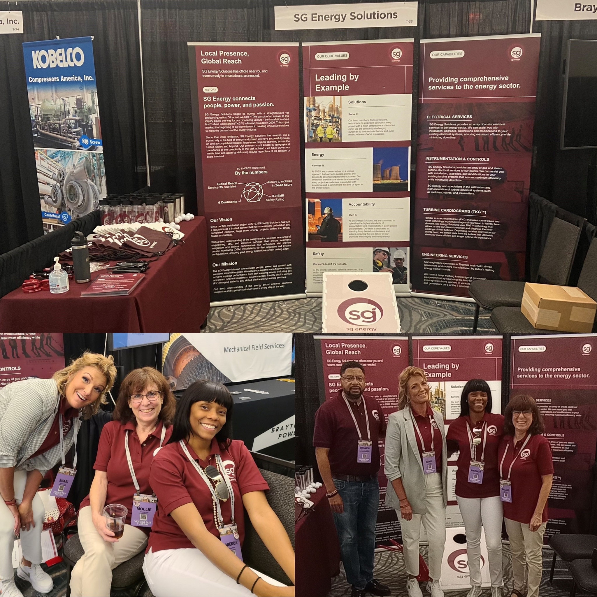 SG Energy Solutions trade show booth with maroon banners, swag table and team posing in matching maroon polos.